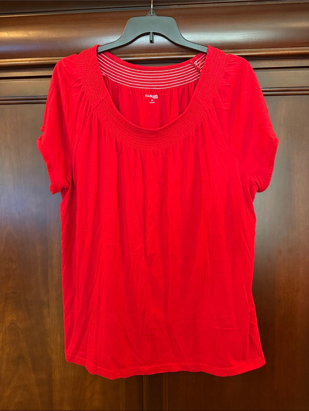 Kim Rogers Red Short Sleeve Smocked Scoop Neck Top